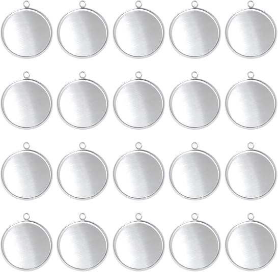 Resin Art Pendant - 20個のステンレス鋼ラウンドベゼルブランクペンダントトレイ、イヤリング、ブレスレット、ネックレス、キーホルダー、DIYクラフト、樹脂ガラスカボショ用