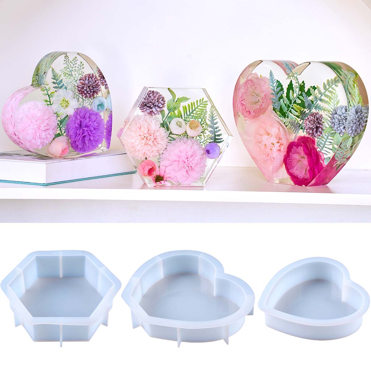 Resin Art Mold - 大型愛シリコンモールド DIY ハート六角形エポキシ樹脂モールド花保存ブックエンド装飾品クラフト鋳造金型