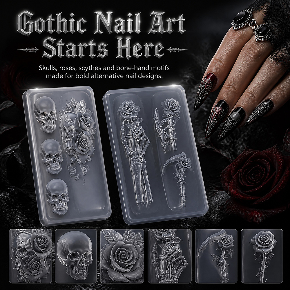 Resin Art Template - 2個セット ダークローズスカル シリコンネイルアートモールド ゴシック3D彫刻テンプレート レジンネイルチャーム ヴィンテージフローラルスケルトンデコレーション