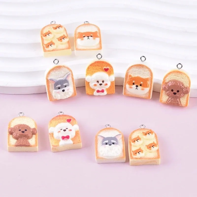 Resin Art Pendant - 10 個かわいいトースト犬樹脂ペンダント漫画動物チャーム DIY クラフト用品イヤリングキーホルダーファッションジュエリー装飾