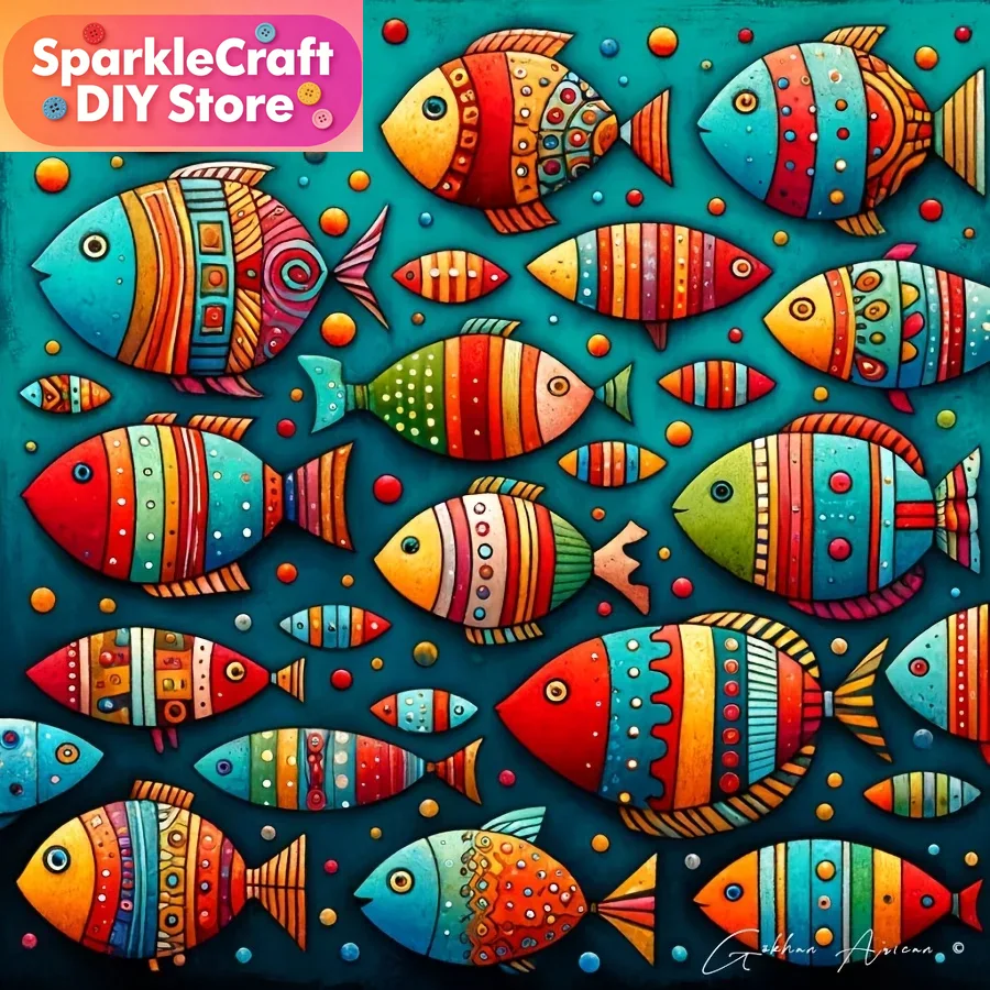 Resin Art Work - カラフルで幻想的な魚の群れ5Dダイヤモンドペインティングキット、フォークアート、ティールカラーの壁飾り、自宅やオフィス用